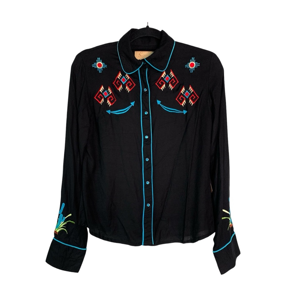 Scully Women Cactus Embroidered Pearl Snap Western Shirt Sz S Black Long Sleeve - Picture 1 of 12